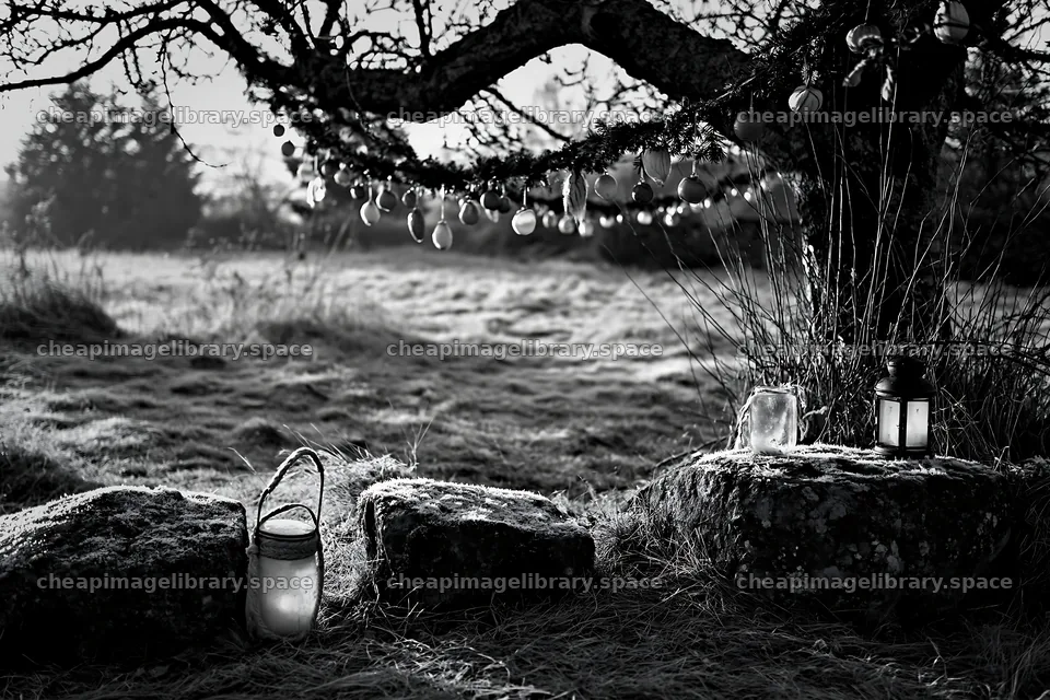 Christmas apple tree with lanterns and frosted stones in meadow – image library 9722x6480
