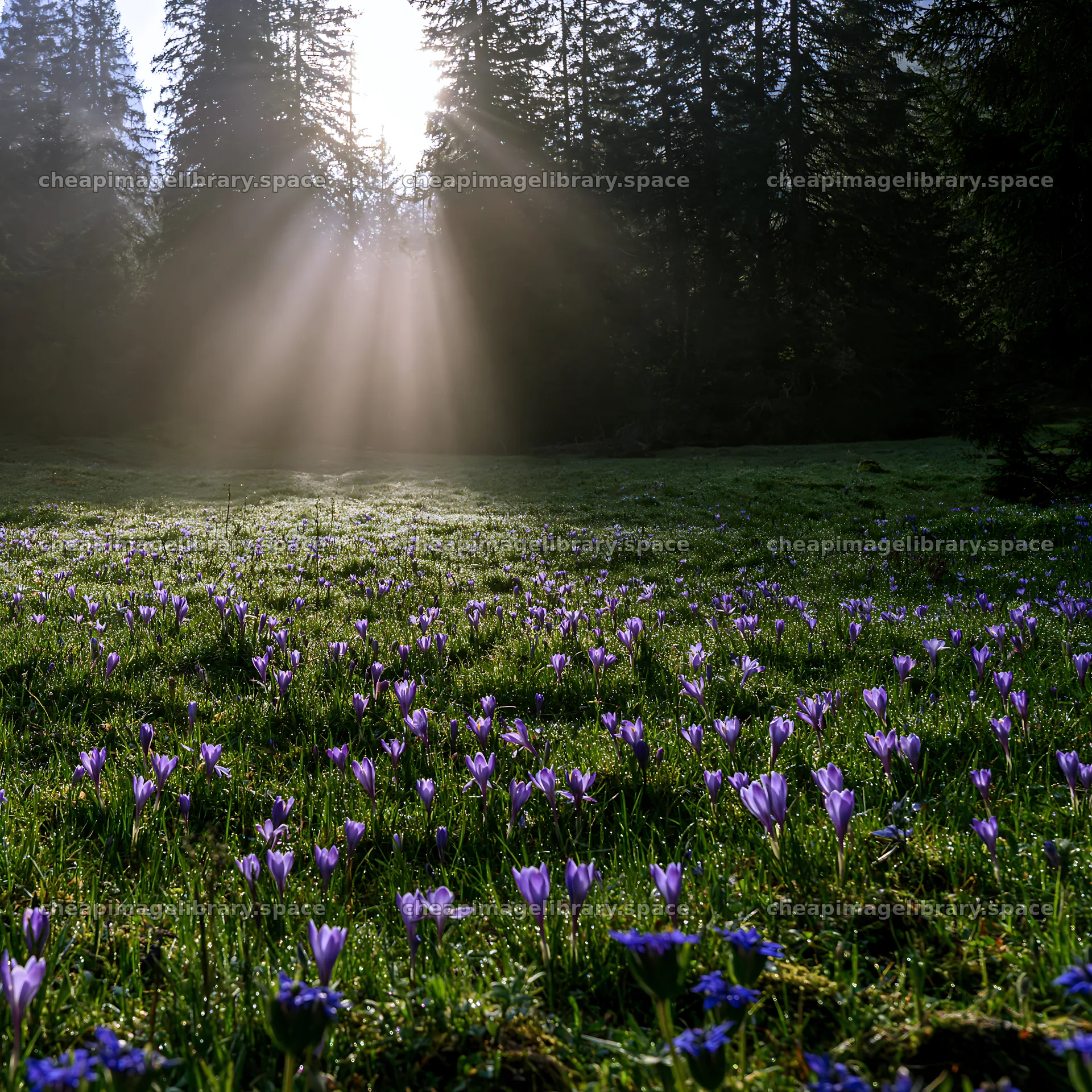 Light rays over Lauterbrunnen Valley meadow with blooming flowers – image library 7938x7938