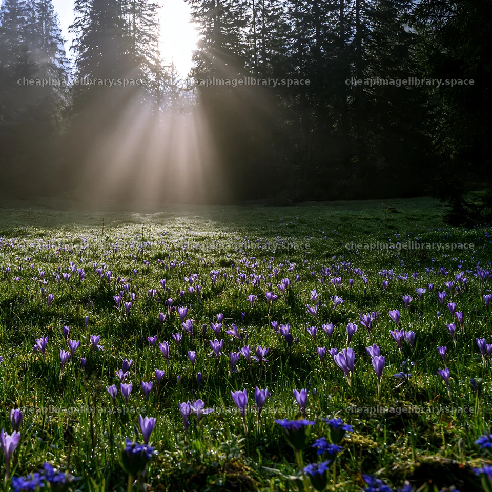 Light rays over Lauterbrunnen Valley meadow with blooming flowers – image library 7938x7938