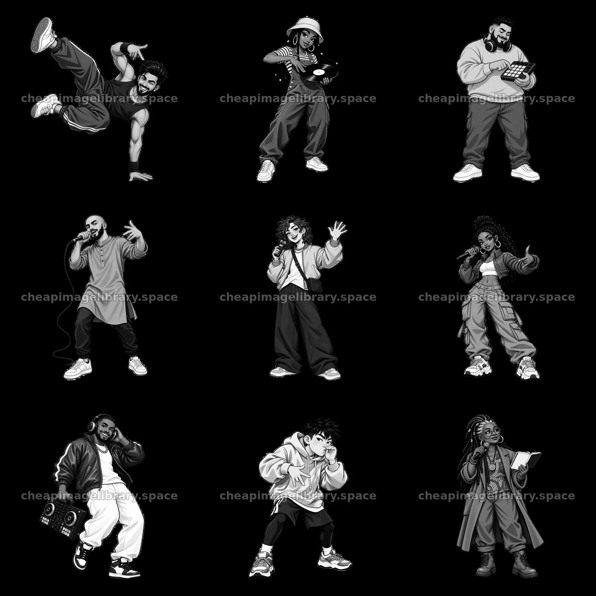 Hip-hop artists in dynamic poses with accessories in black and white – image library 7746x7746