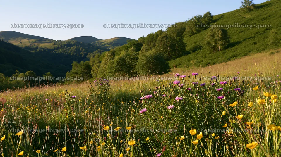 Biodiverse meadow with flowers and hills in sunny weather – image library 10608x5938