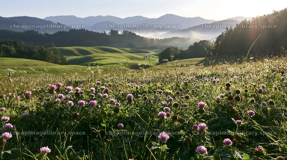 Rolling valley meadows with flowers and distant mountains – image library 10608x5938
