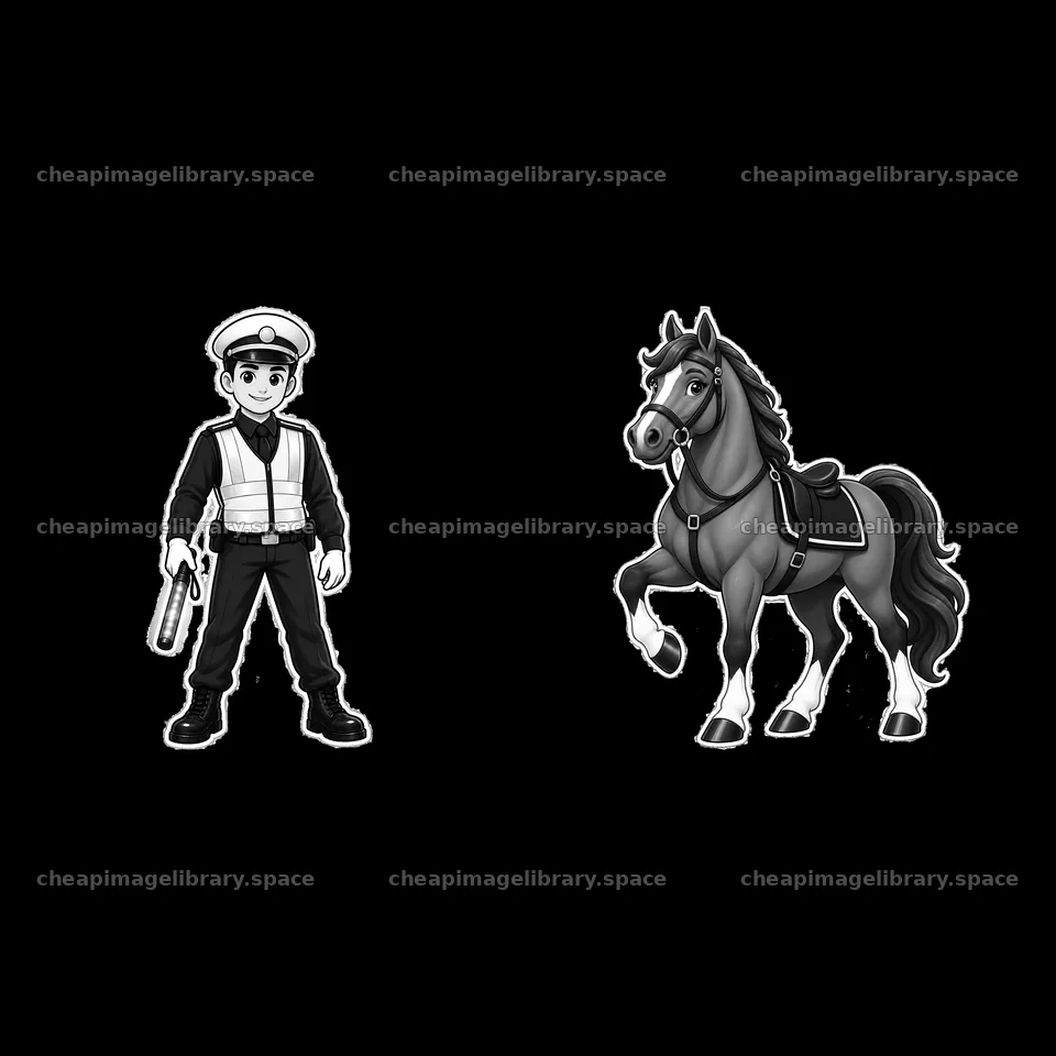 Police officer and horse cartoon stickers in black and white – image library 7746x7746
