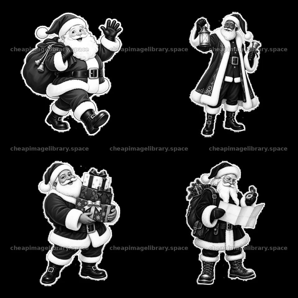 Santa Claus in four playful poses with gifts and accessories – image library 7746x7746
