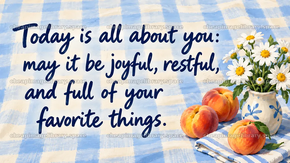 Birthday Greeting with Daisies, Peaches and Hand Lettering – image library 10324x5812