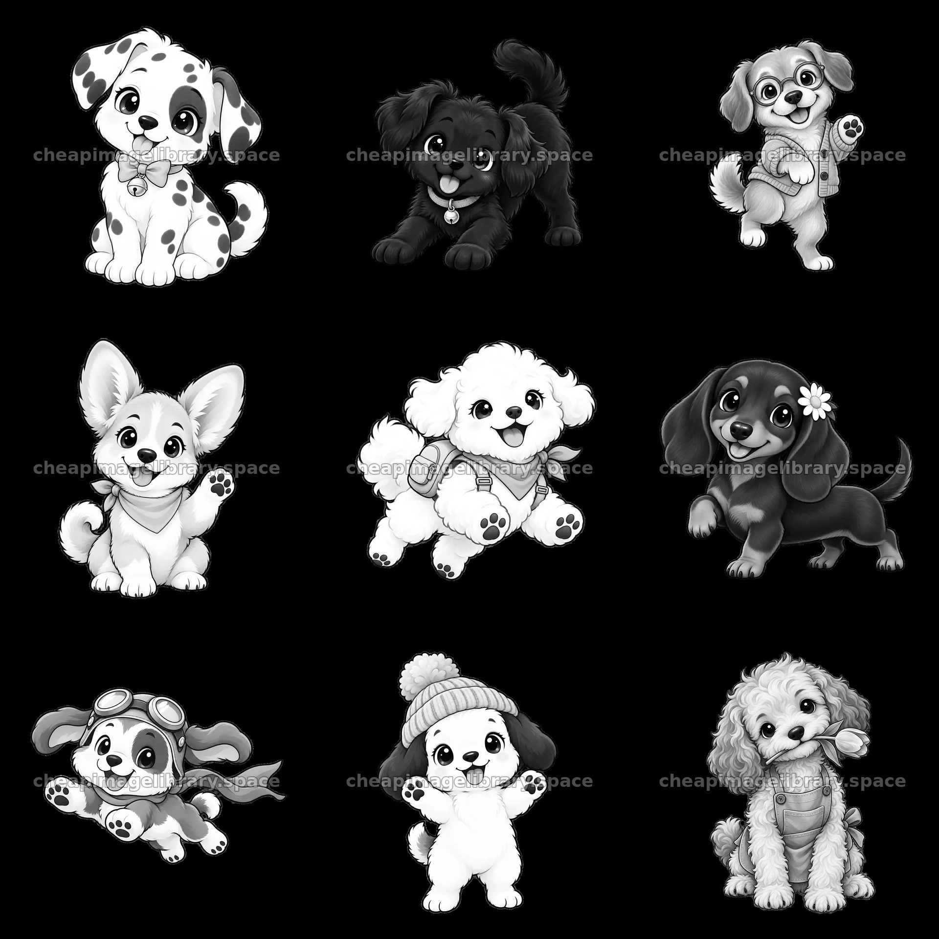 Cute dog stickers in a 3x3 layout featuring various breeds – image library 7746x7746