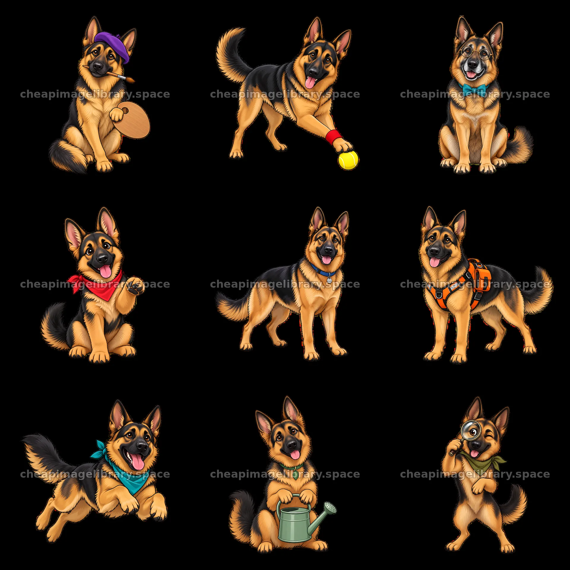 German Shepherd dog stickers in various playful poses and outfits – image library 7746x7746