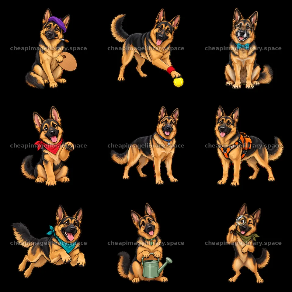 German Shepherd dog stickers in various playful poses and outfits – image library 7746x7746