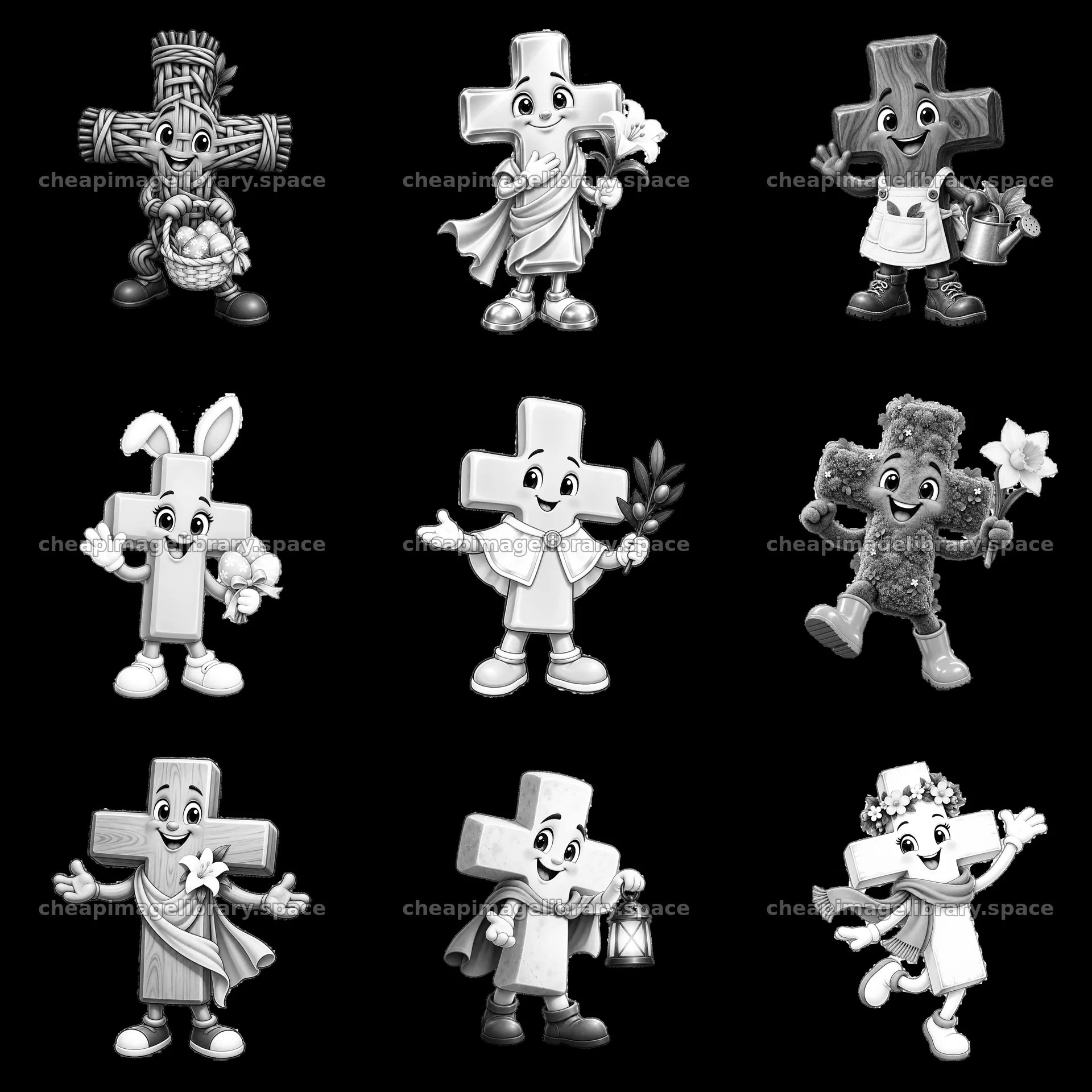 Easter themed cartoon crosses in a 3x3 grid arrangement – image library 7746x7746