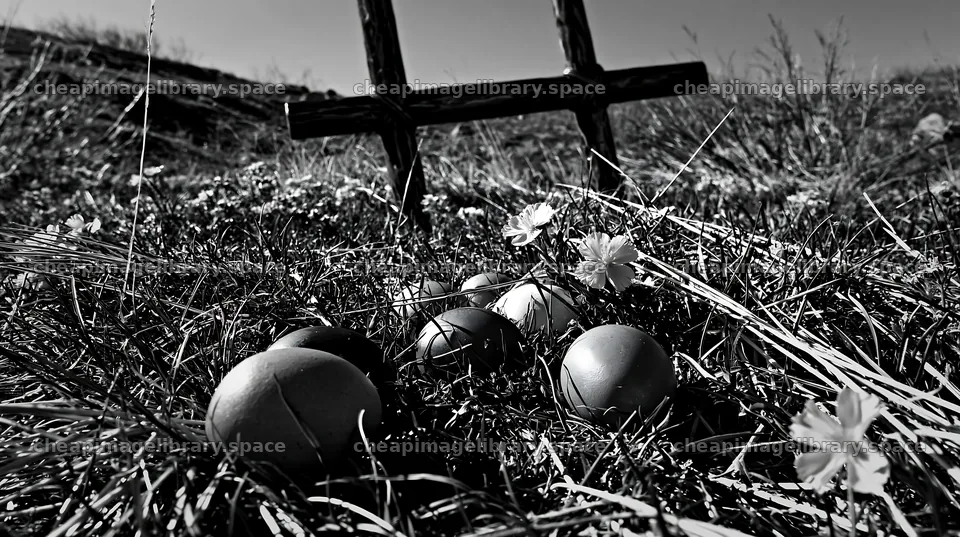 Bronze Christian cross in a meadow during Christmas season – image library 10608x5938
