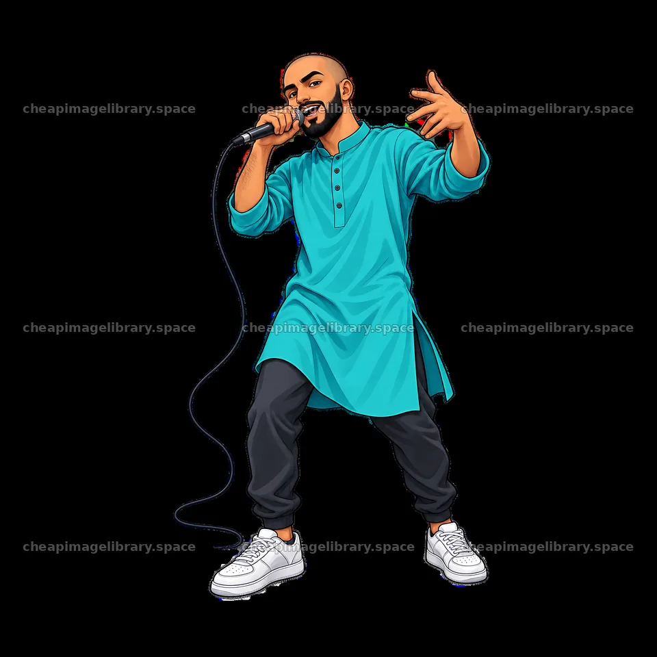Hip-hop artist performing with a microphone in blue attire – image library 7746x7746