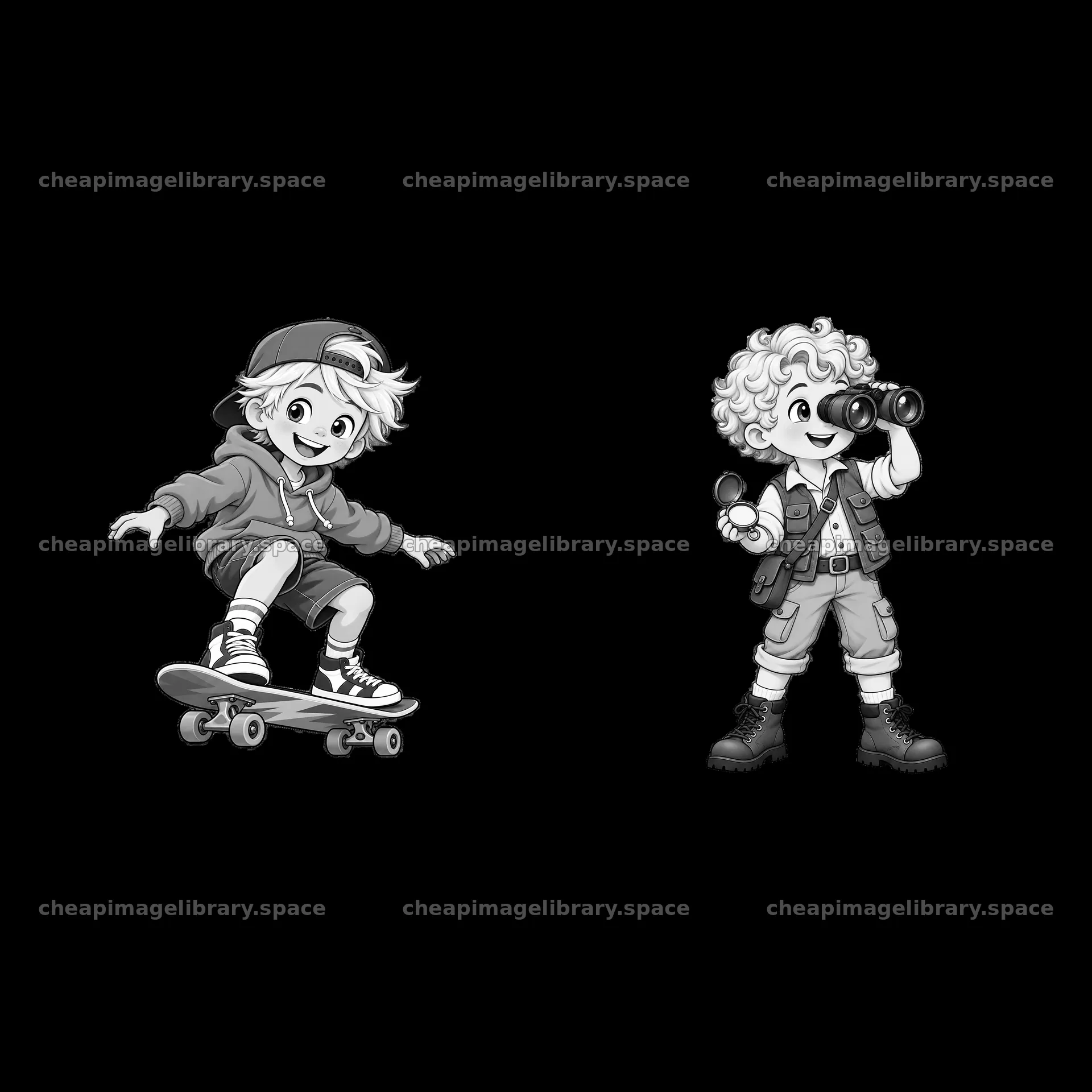 Blond child skateboarding and another with binoculars – image library 7746x7746