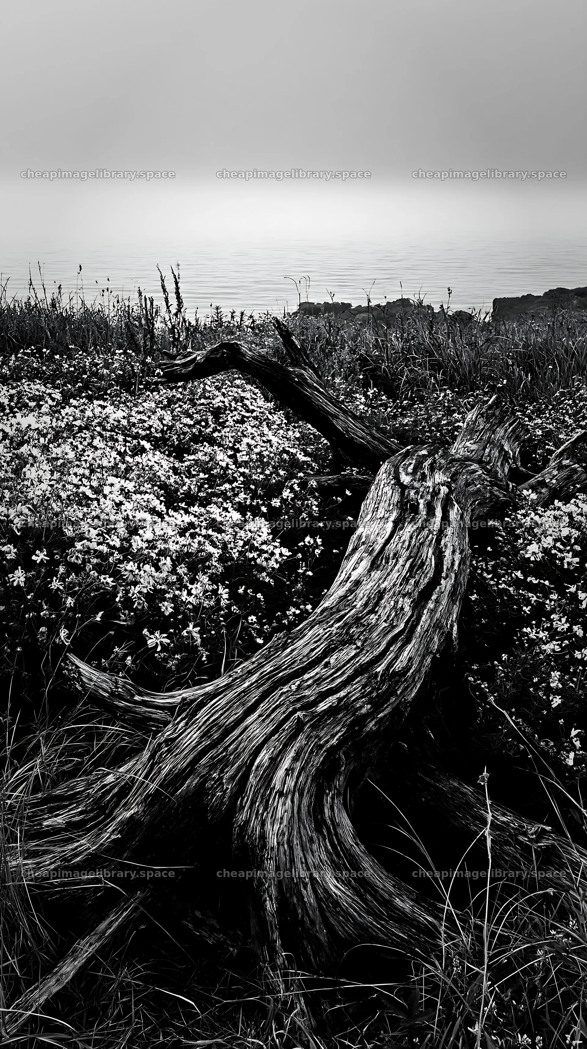 Nagasaki coastal meadow with driftwood and flowers – image library 5938x10608
