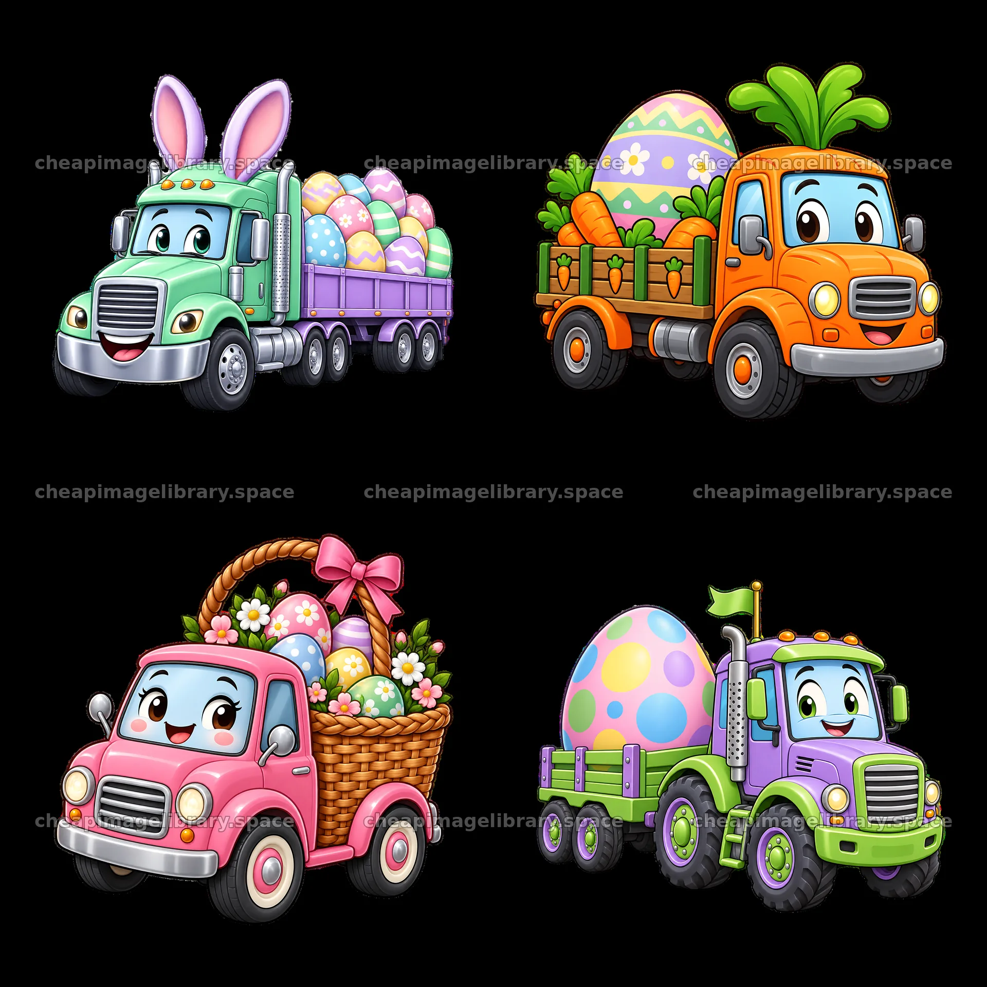 Easter themed trucks with eggs and carrots in a 2x2 grid – image library 7746x7746