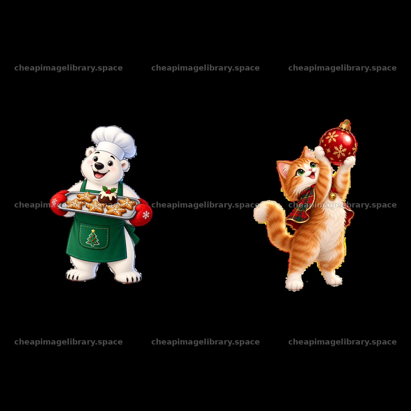 Christmas bear with cookies and festive cat with ornament – image library 7746x7746