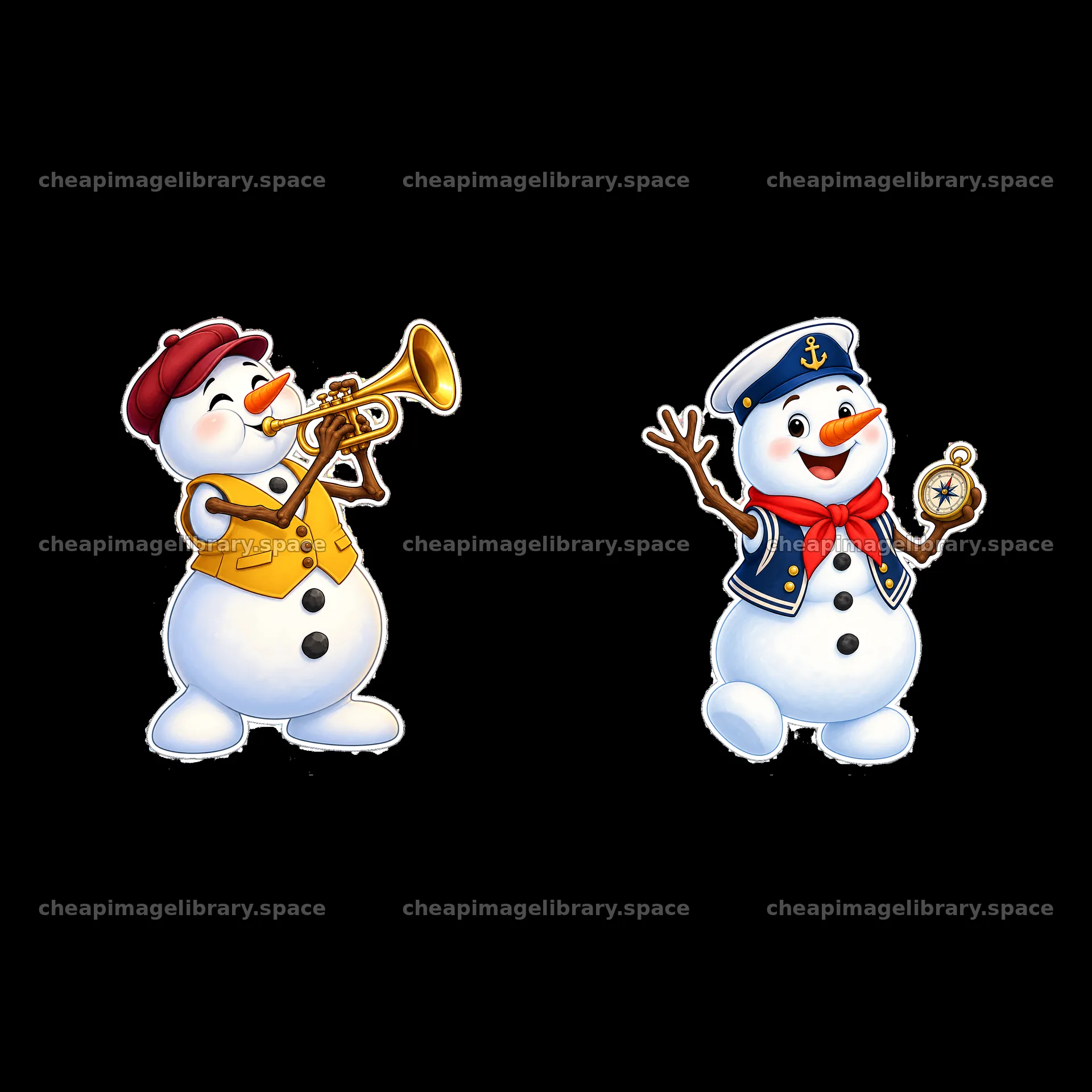 Snowman playing trumpet and snowman holding compass in uniform – image library 7746x7746