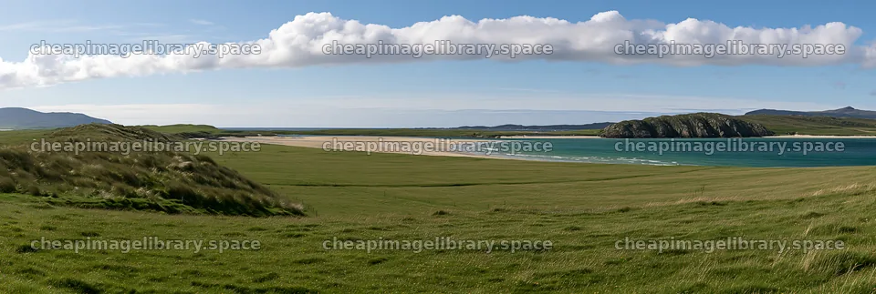 Machair beach meadow with sandy shores and blue water – image library 13690x4602