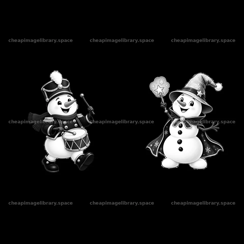 Snowman with drum and snowman with magic wand for Christmas theme – image library 7746x7746