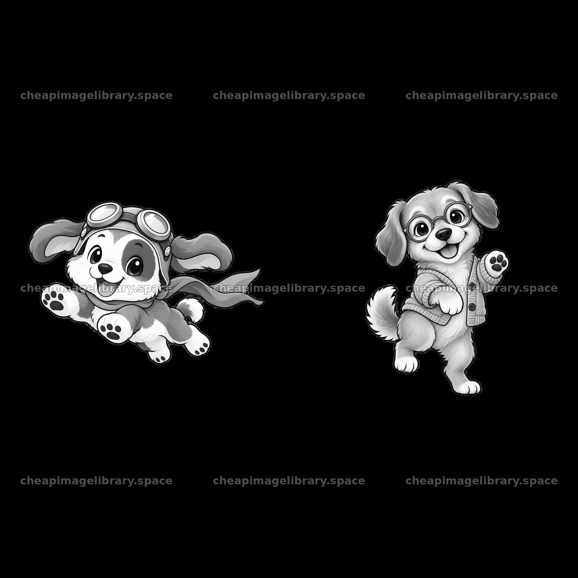 Cute dog characters flying and posing on a light background – image library 7746x7746