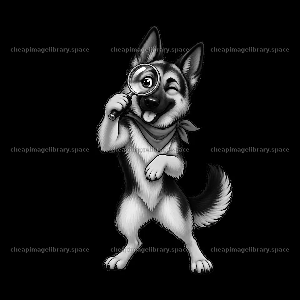 German Shepherd dog holding a magnifying glass with a playful pose – image library 7746x7746
