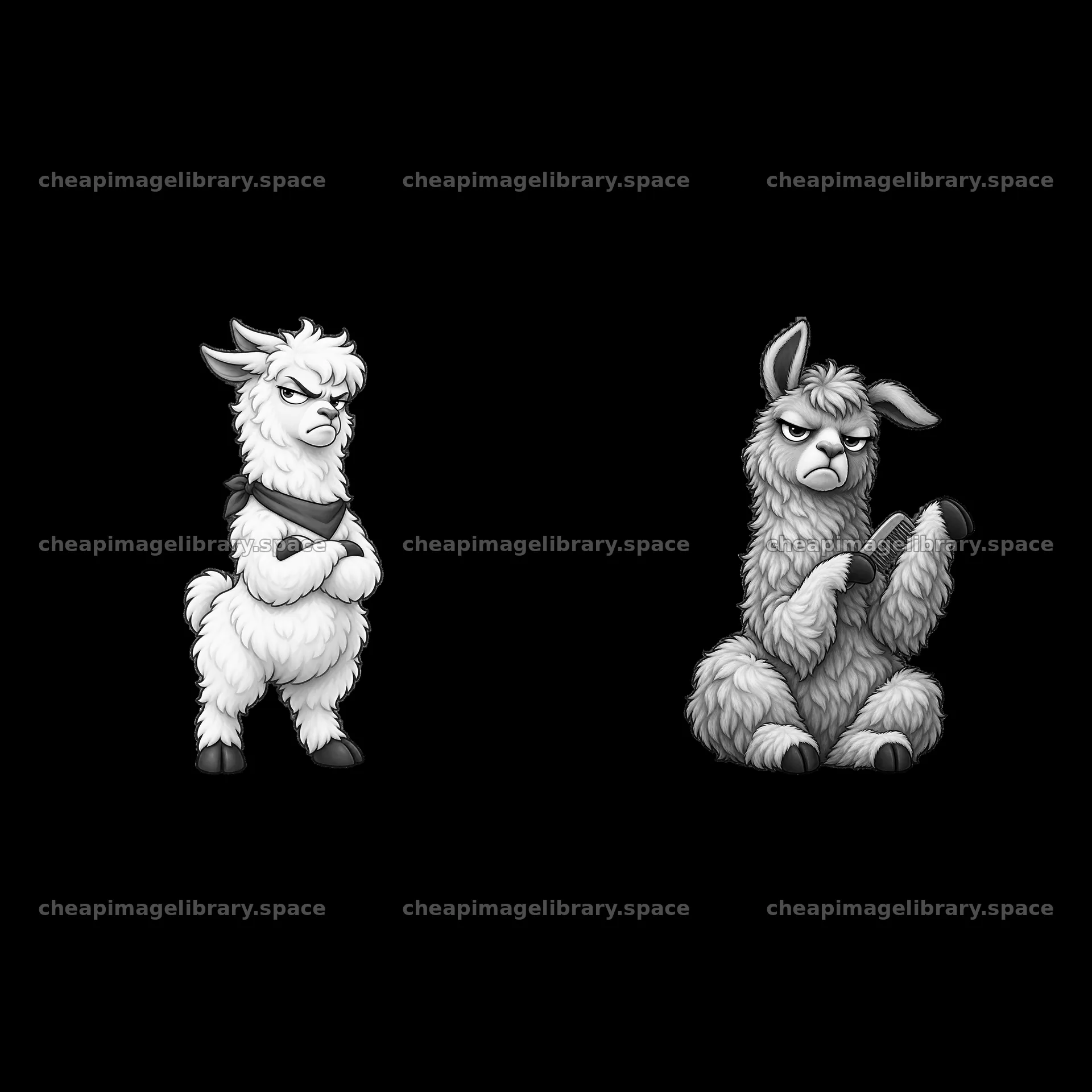 Grumpy llamas with arms crossed and annoyed expressions – image library 7746x7746