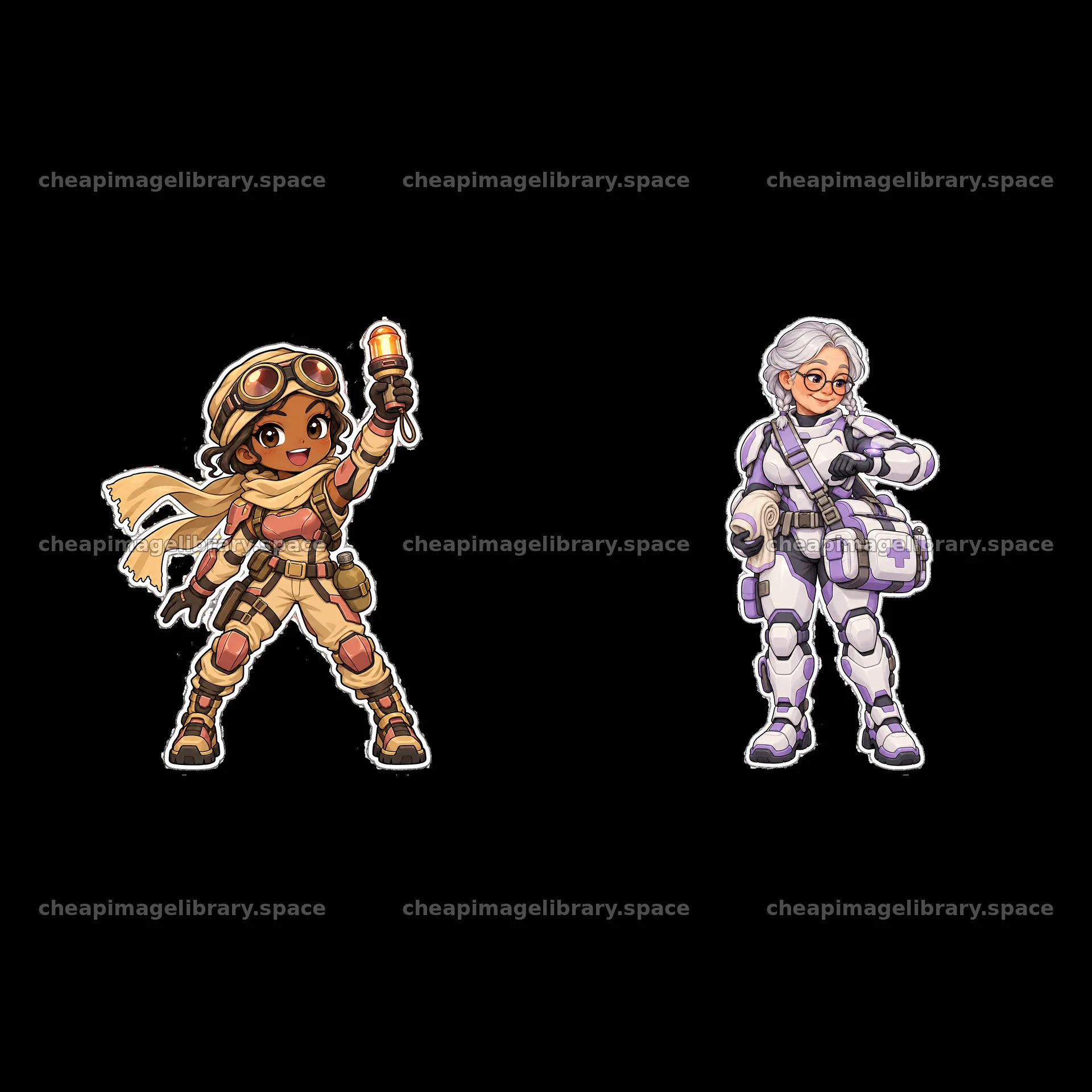 Kawaii futuristic super-soldier duo with unique outfits – image library 7746x7746