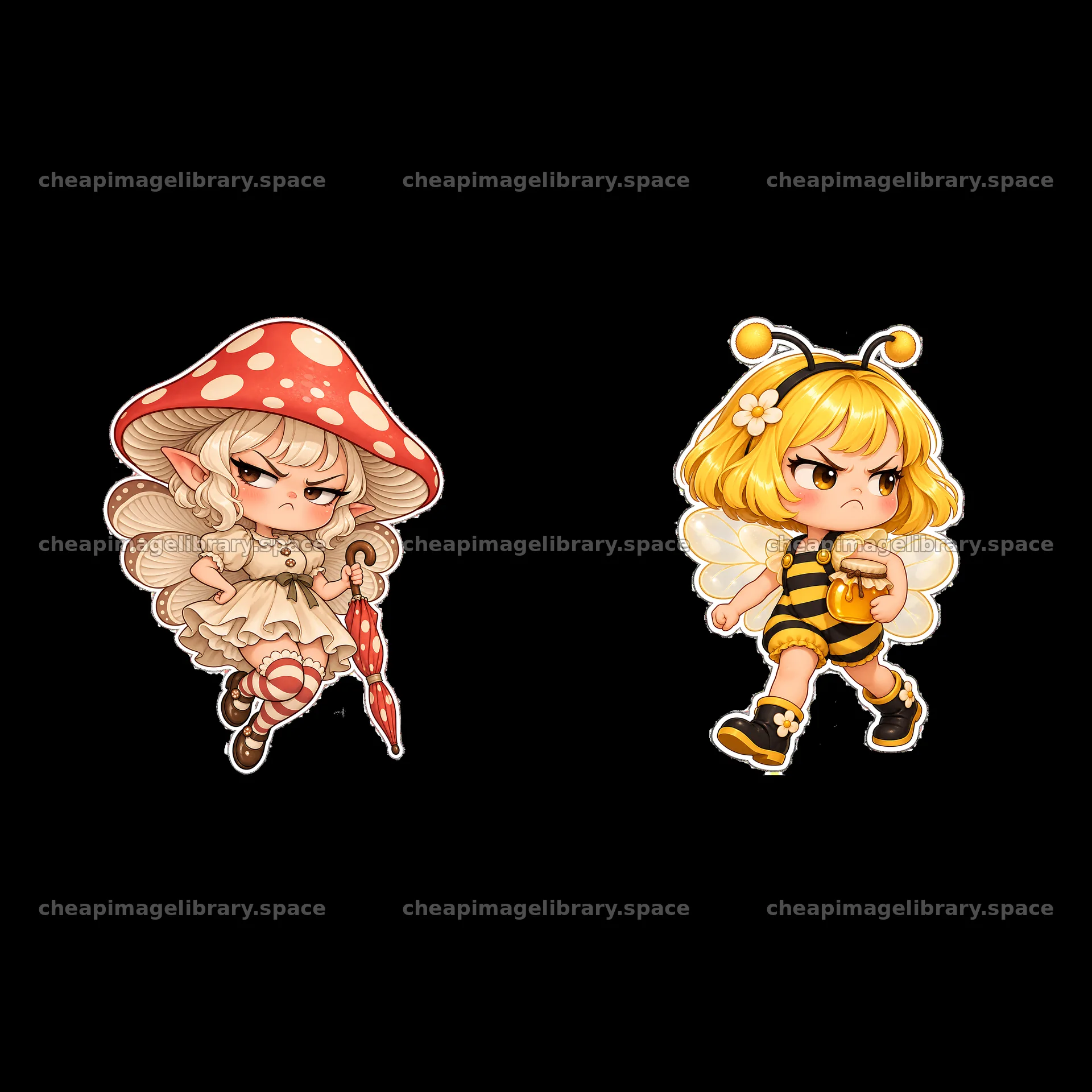 Kawaii grumpy fairy and bee characters with expressive poses – image library 7746x7746