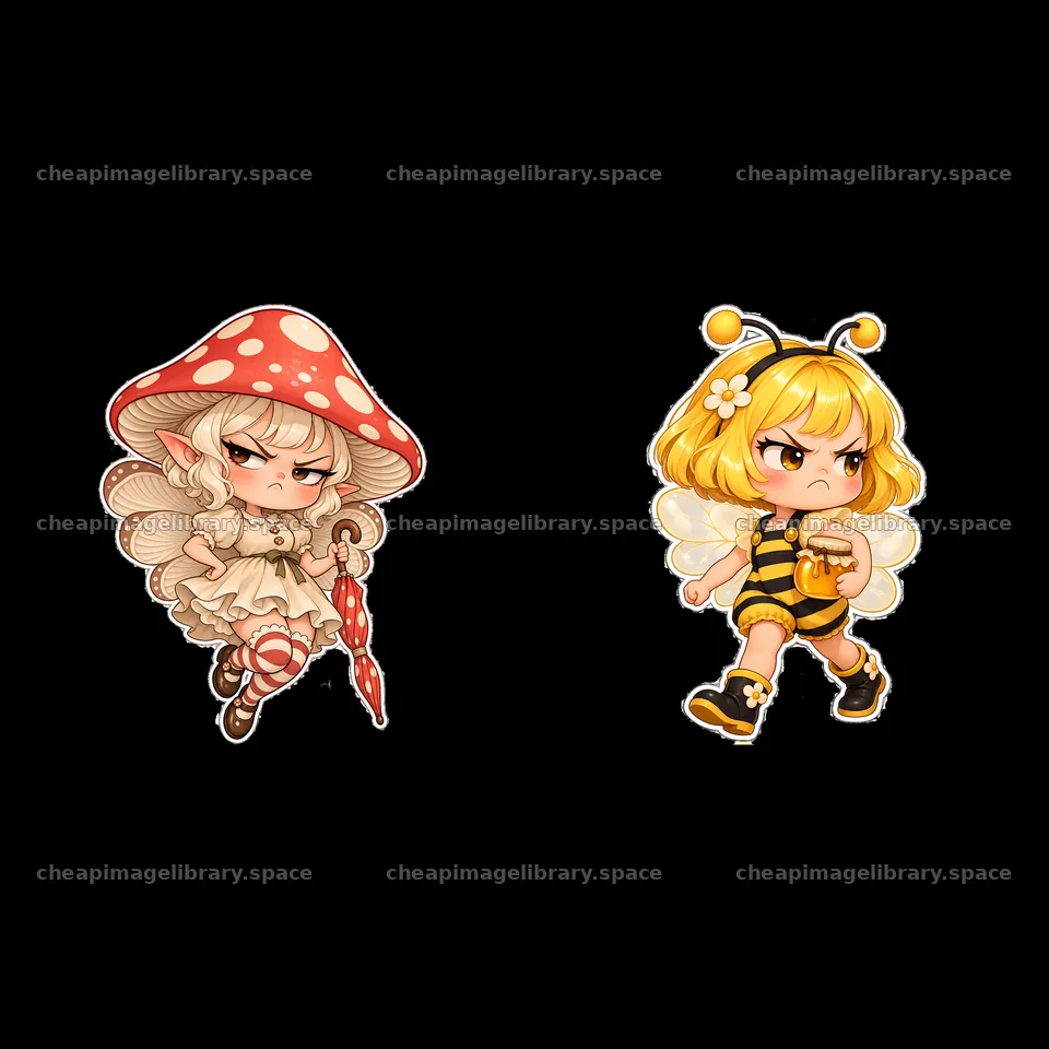 Kawaii grumpy fairy and bee characters with expressive poses – image library 7746x7746