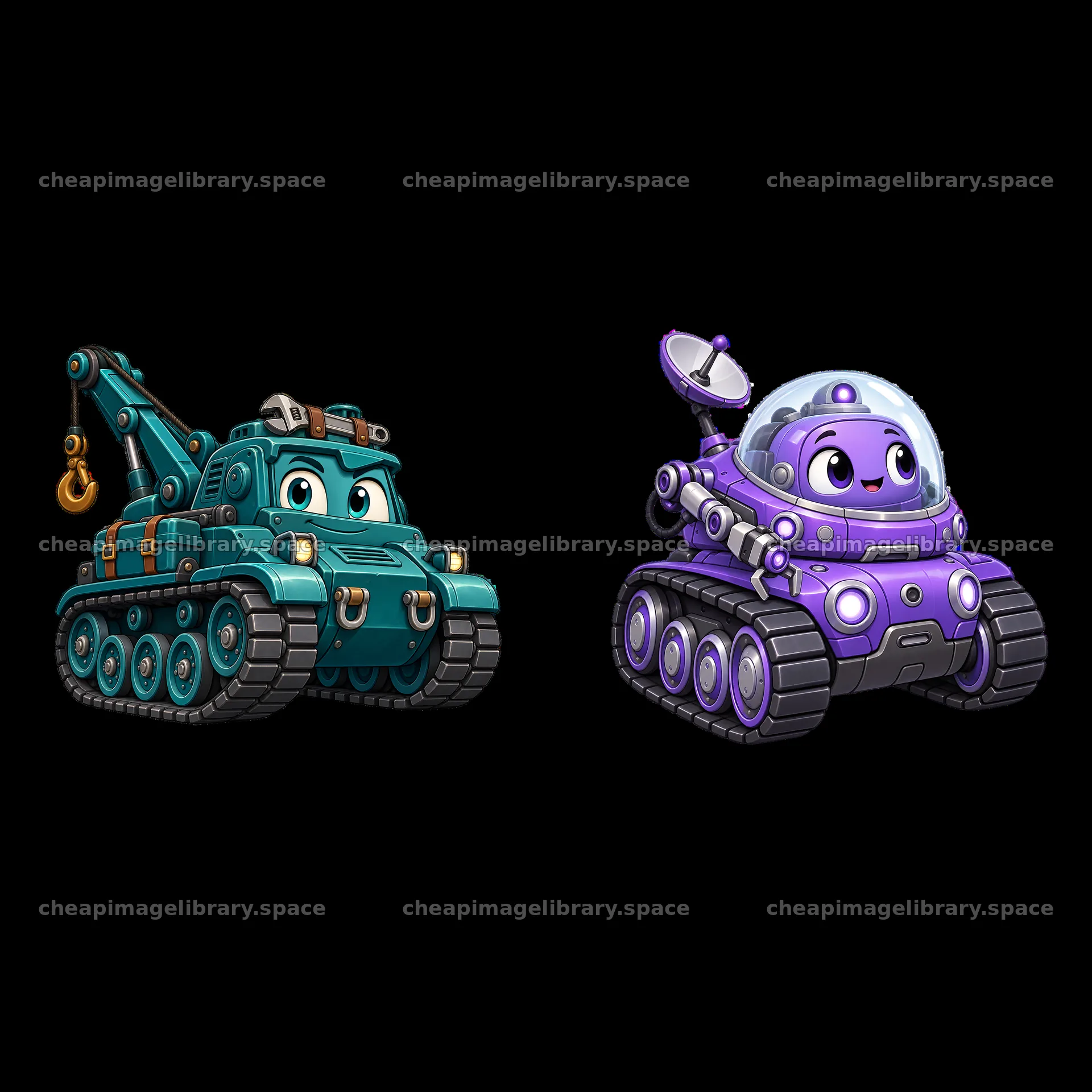 Cartoon tank characters with accessories in playful actions – image library 7746x7746