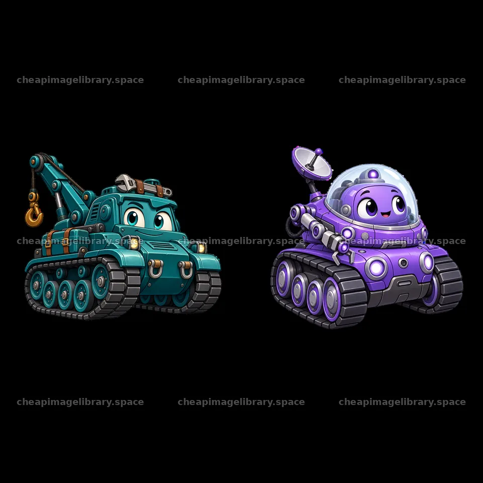 Cartoon tank characters with accessories in playful actions – image library 7746x7746