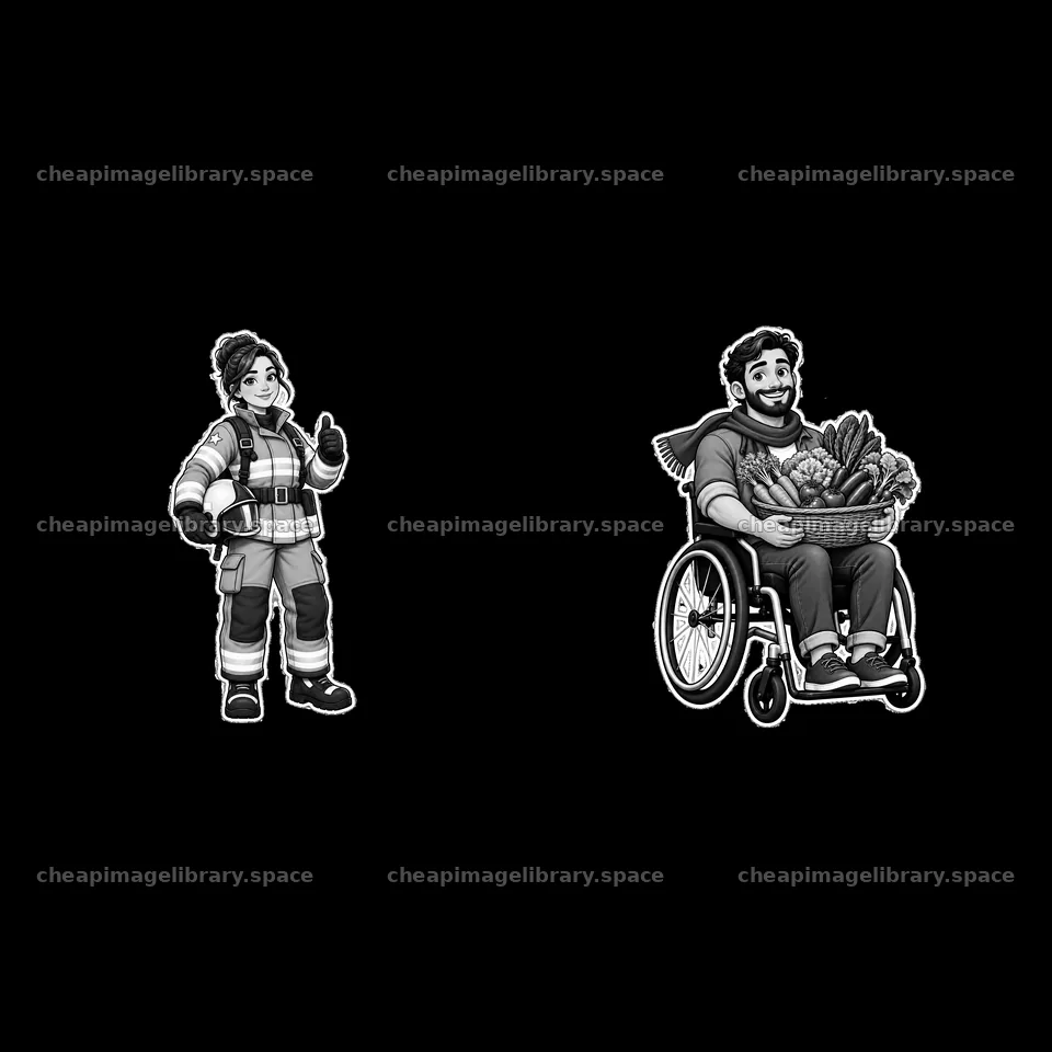 Cartoon stickers of a firefighter and a person in a wheelchair – image library 7746x7746
