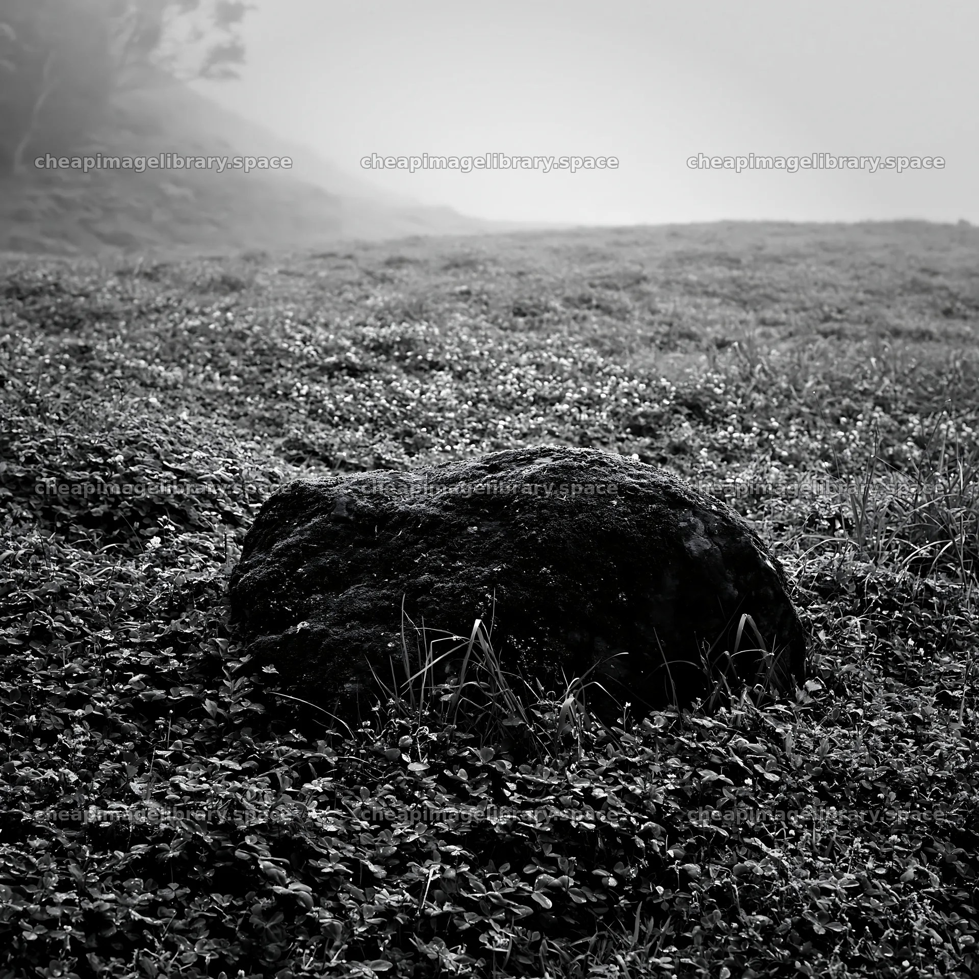 Moss covered stone in misty meadow in Shimane – image library 7938x7938