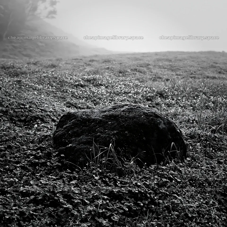 Moss covered stone in misty meadow in Shimane – image library 7938x7938