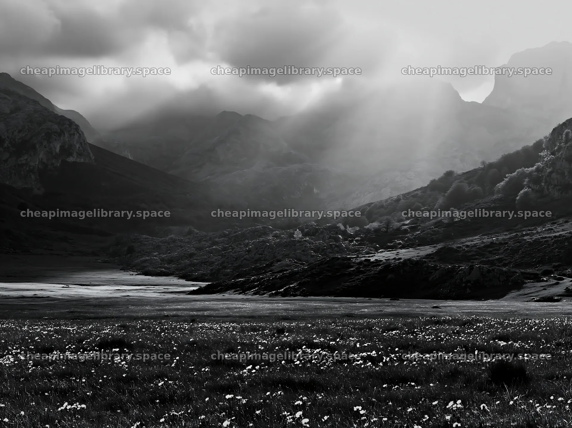 Sunrays breaking through clouds over Picos de Europa meadow – image library 9174x6866