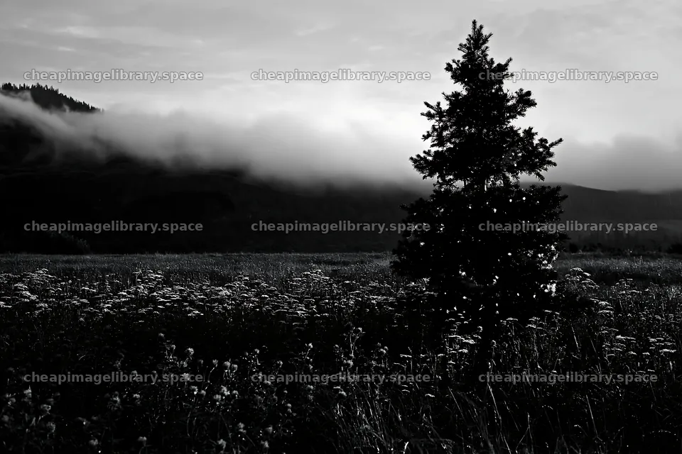 Christmas tree in meadow by cave with fog in background – image library 9722x6480
