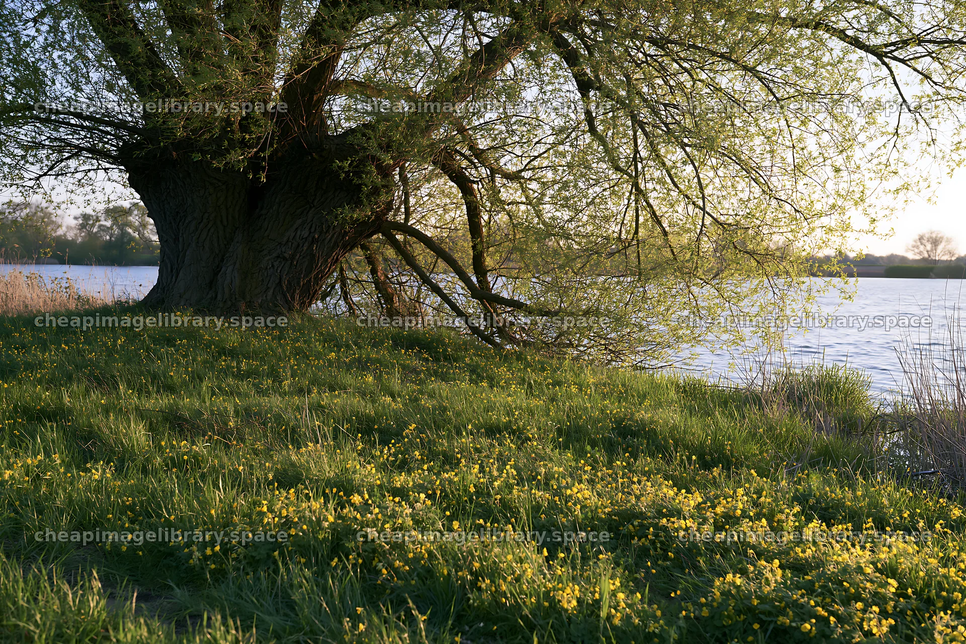 Yellow flowers beside a large tree by a German lake – image library 9722x6480