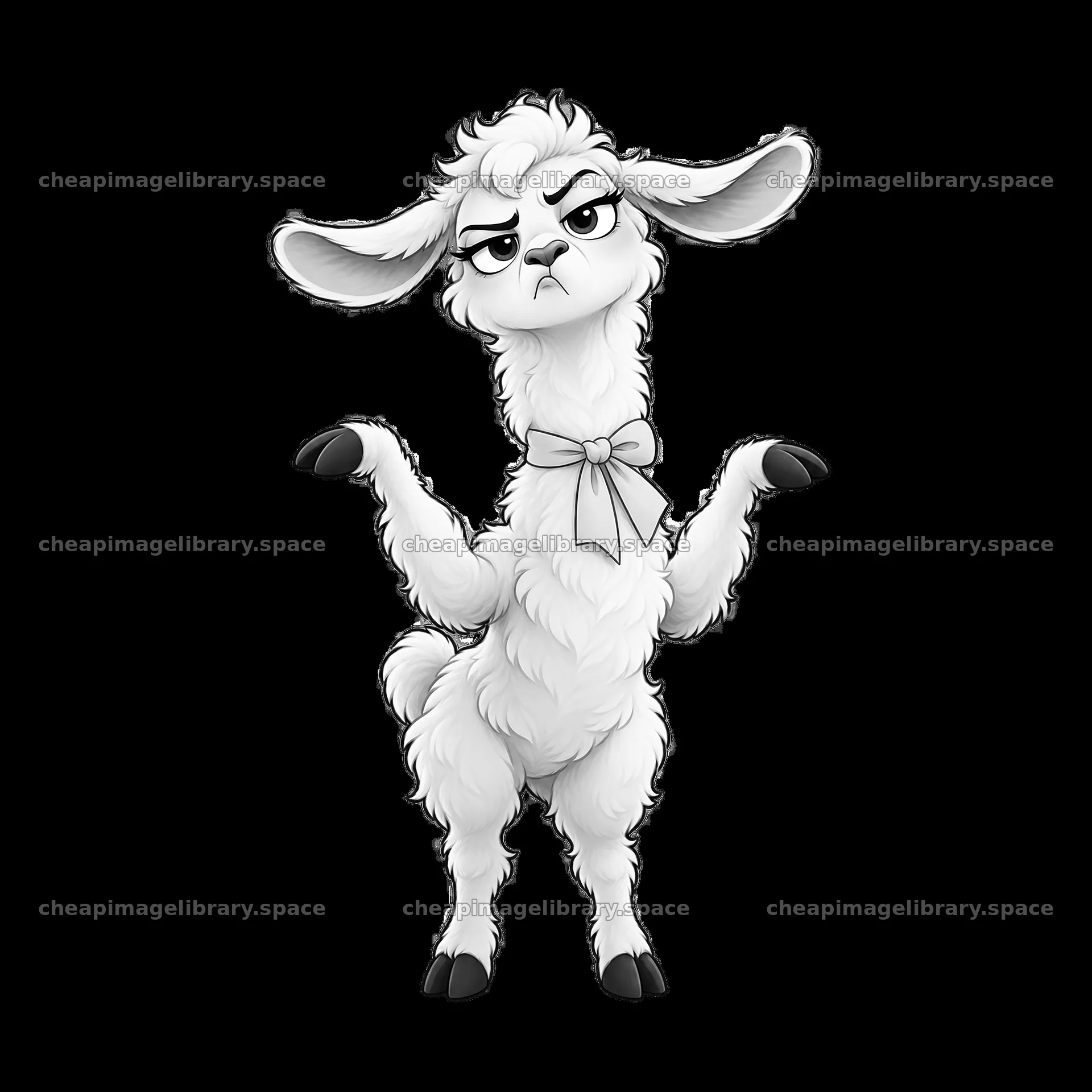 Grumpy llama with a bow poses with arms raised in black and white – image library 7746x7746