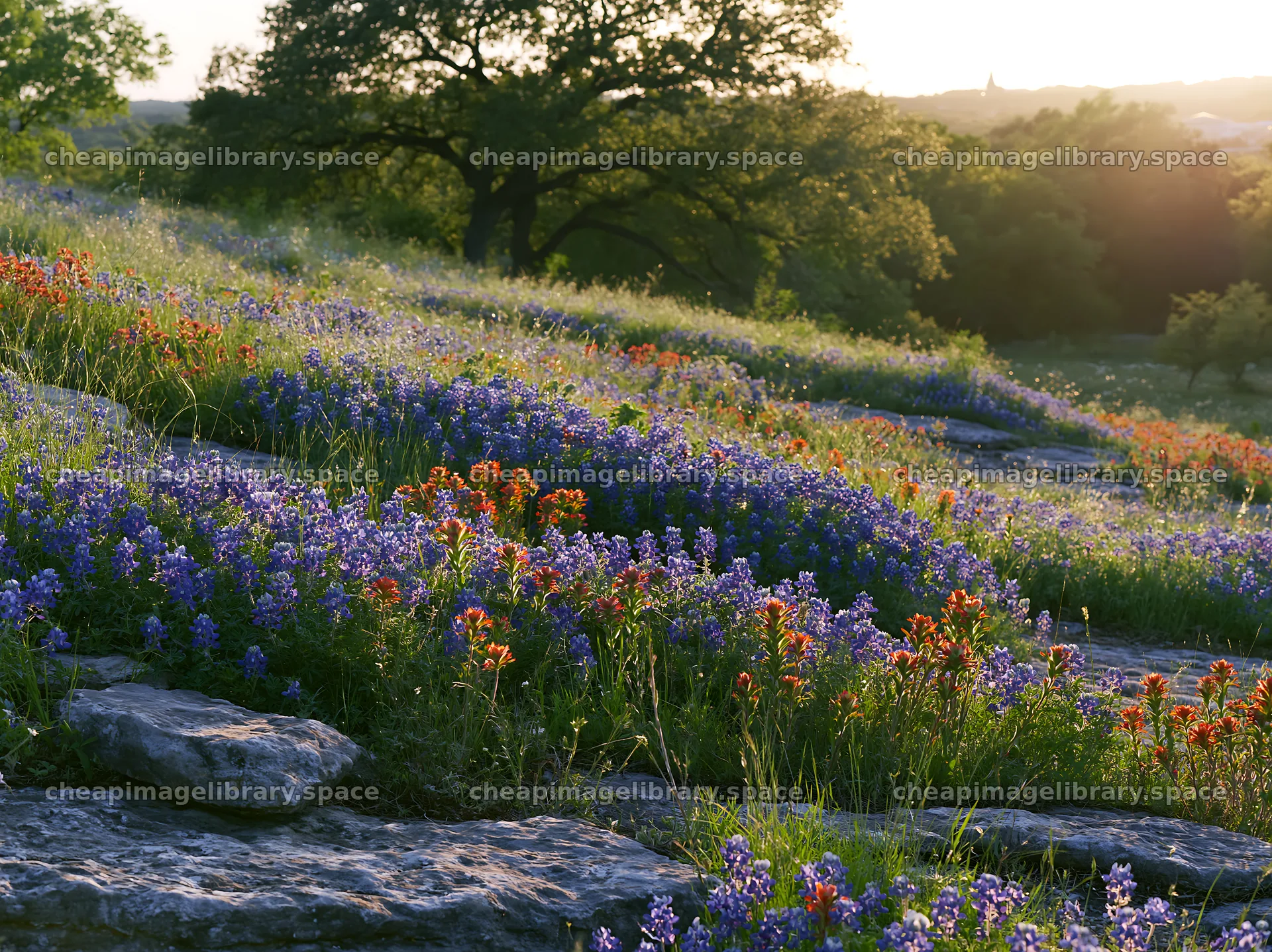 Regenerative meadow with wildflowers in evening light – image library 9174x6866