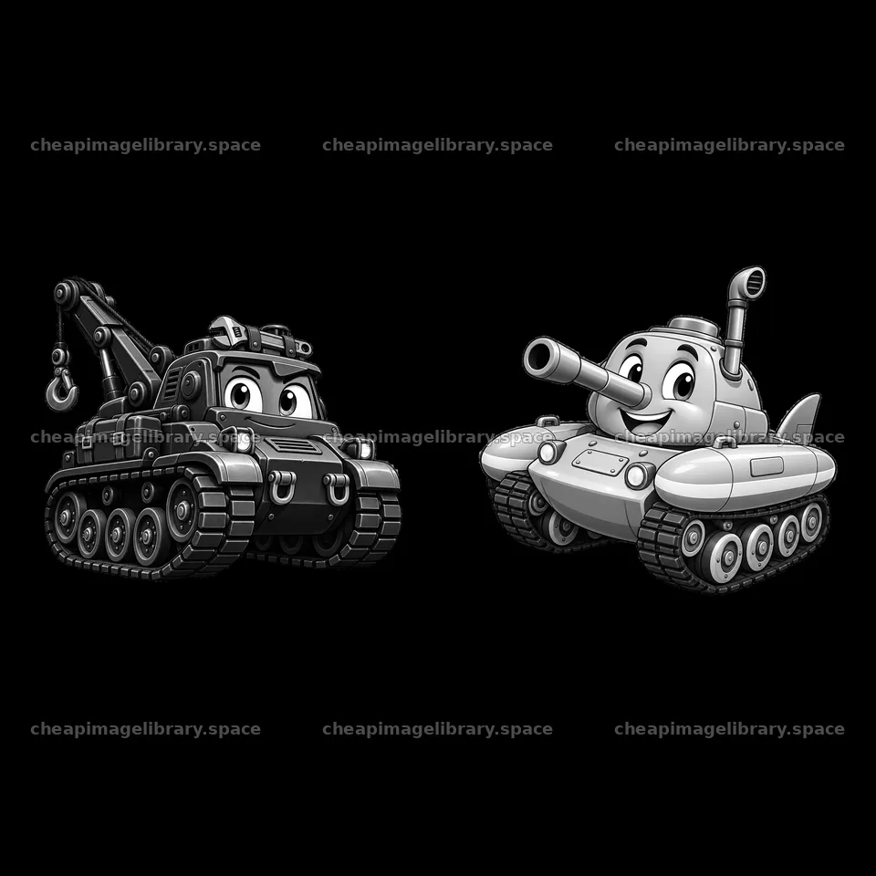 Cartoon tank and construction vehicle with playful expressions – image library 7746x7746