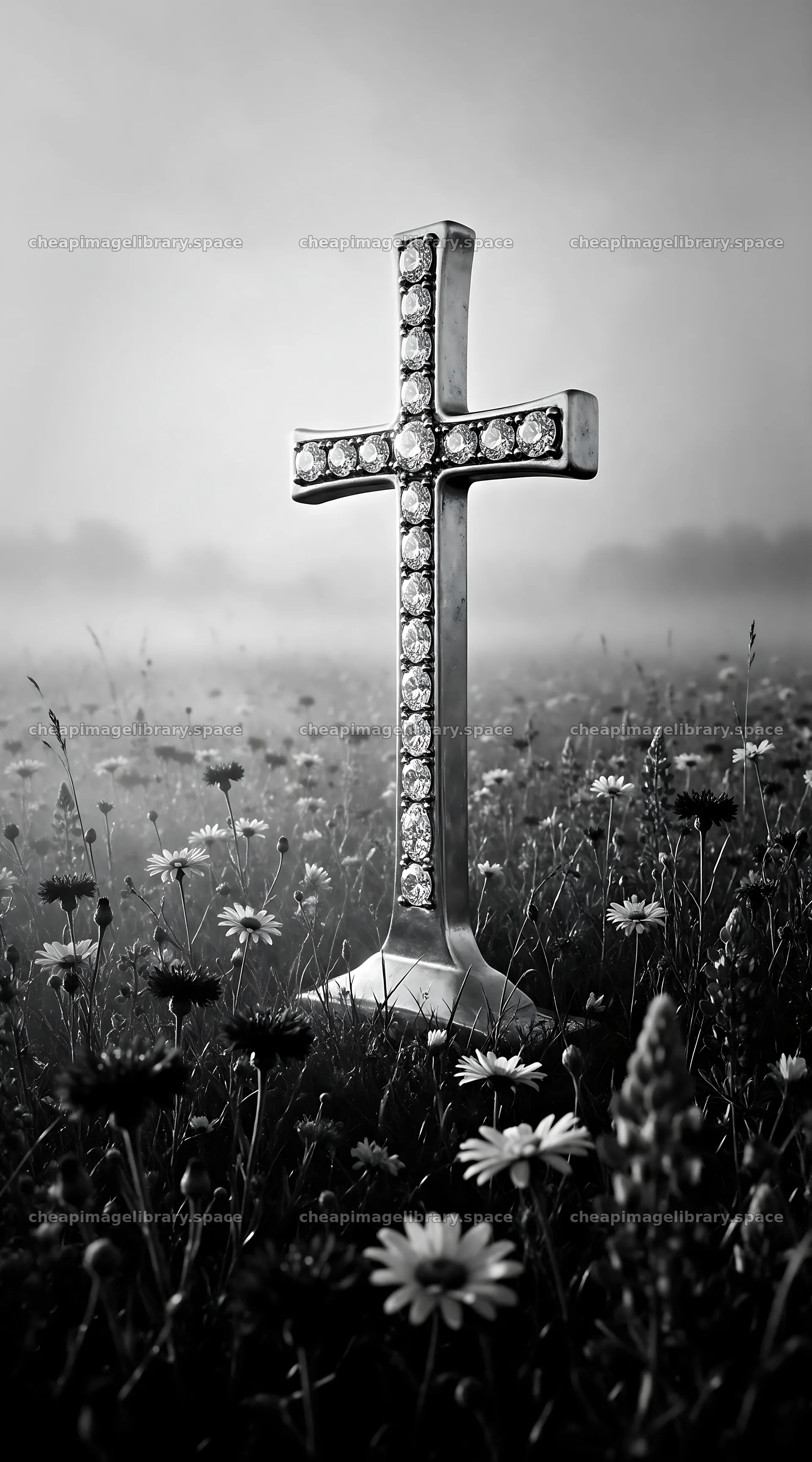Weathered Christian cross in misty meadow with flowers – image library 5916x10648