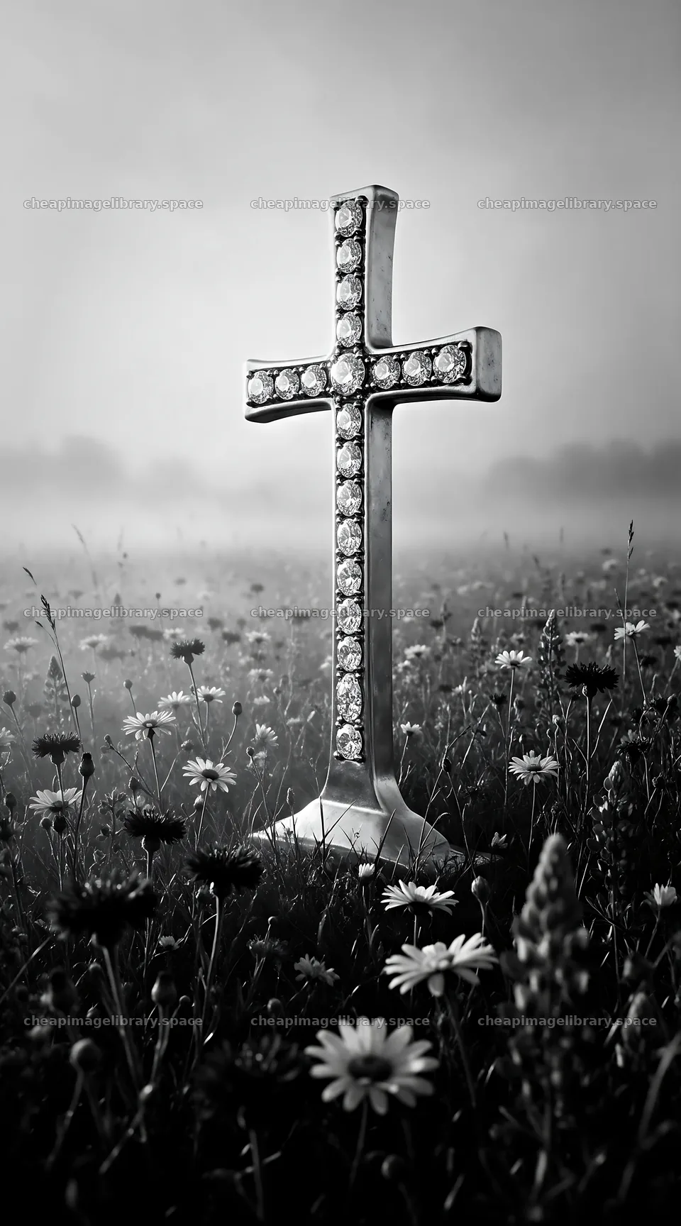 Weathered Christian cross in misty meadow with flowers – image library 5916x10648