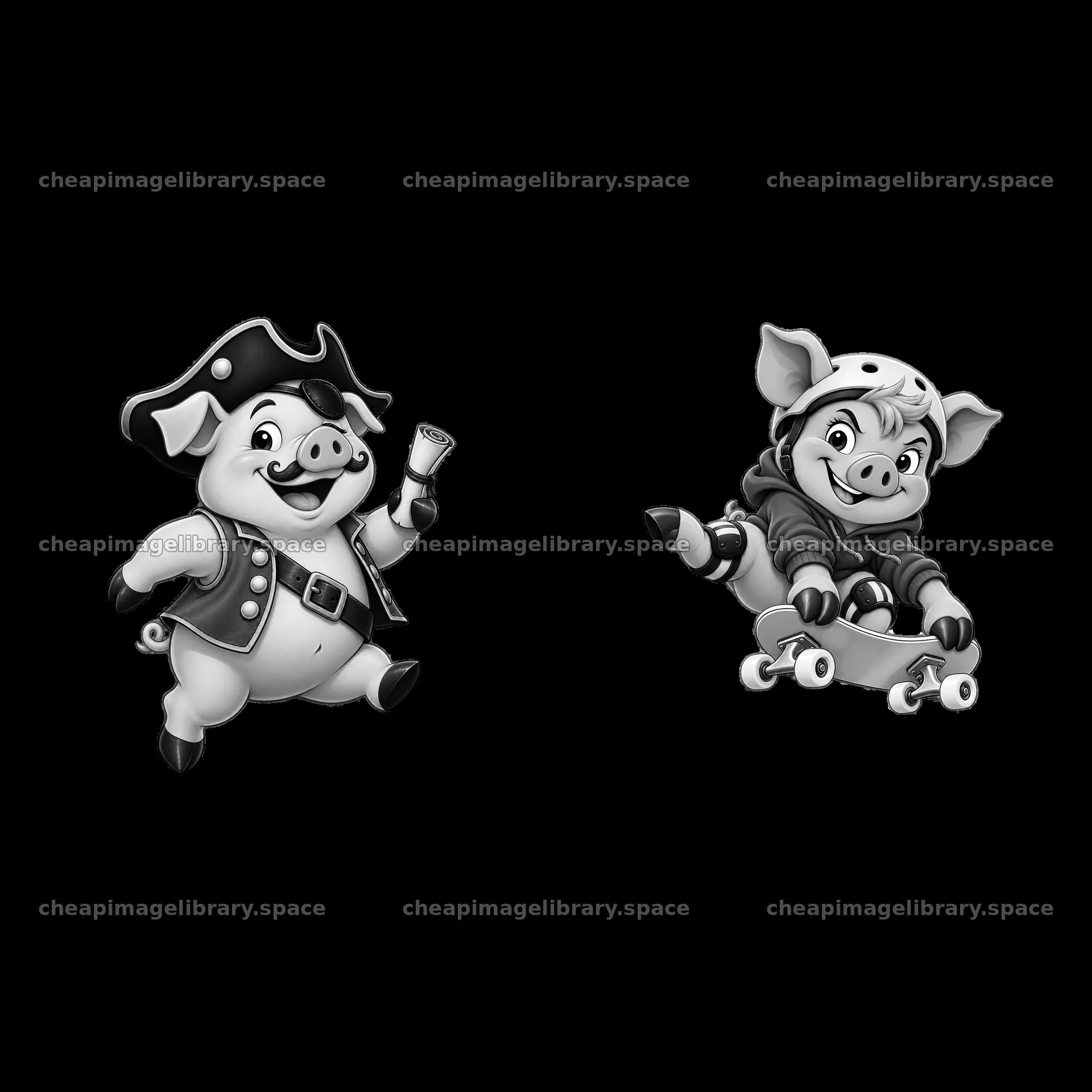 Pirate pig and skateboarding pig in playful black-and-white design – image library 7746x7746