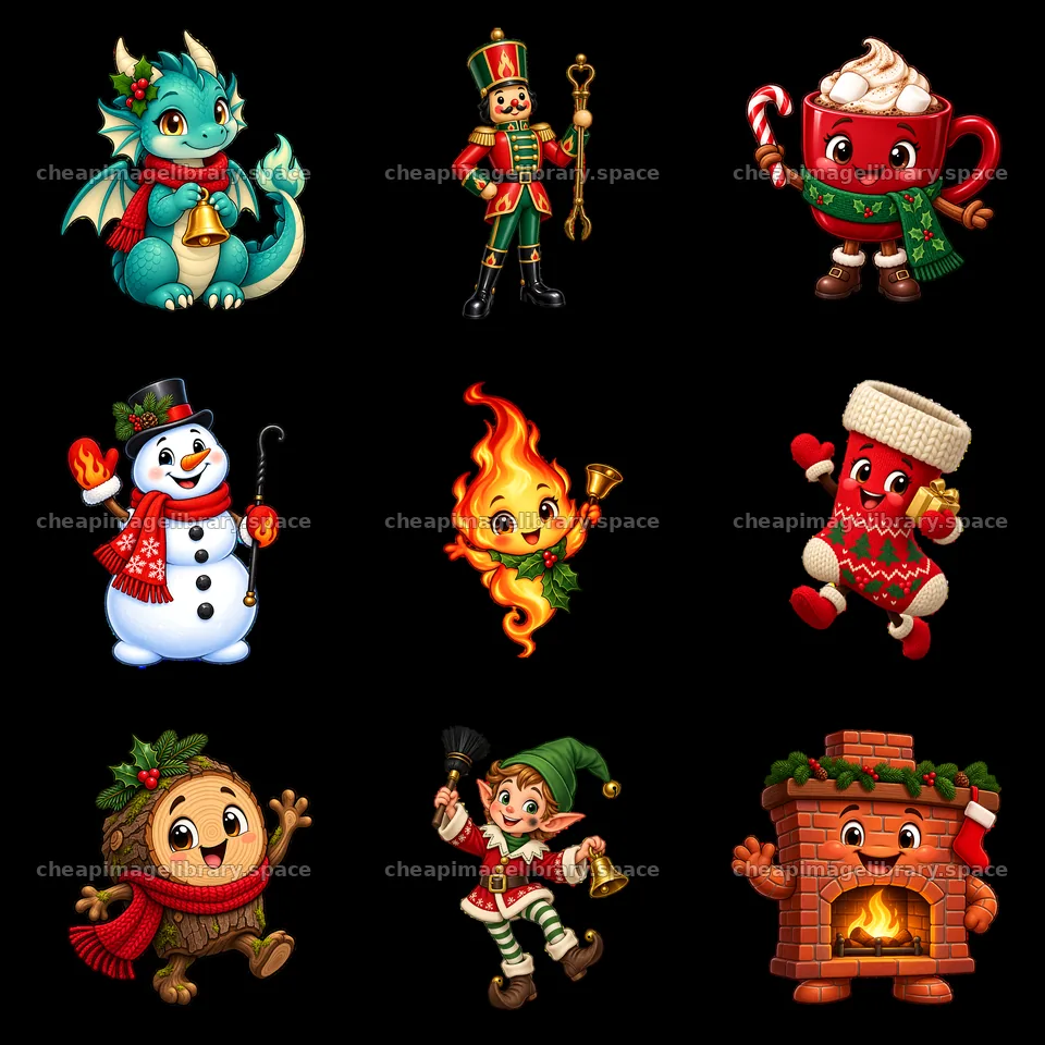 Cartoon characters for Christmas fireplace scene in a 3x3 layout – image library 7746x7746