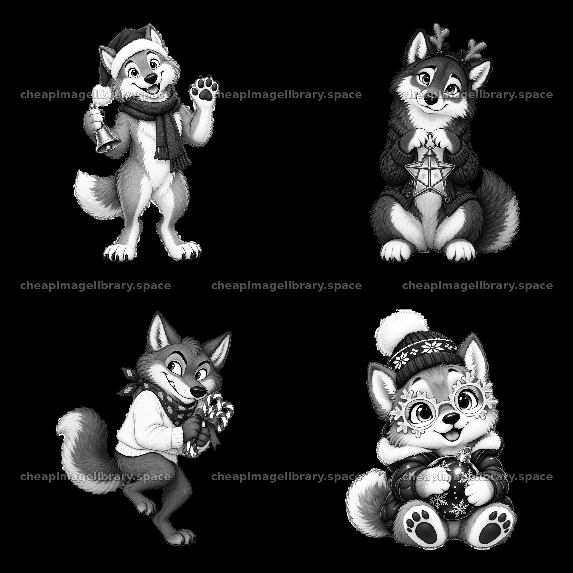 Four cartoon wolves are celebrating Christmas – image library 7746x7746
