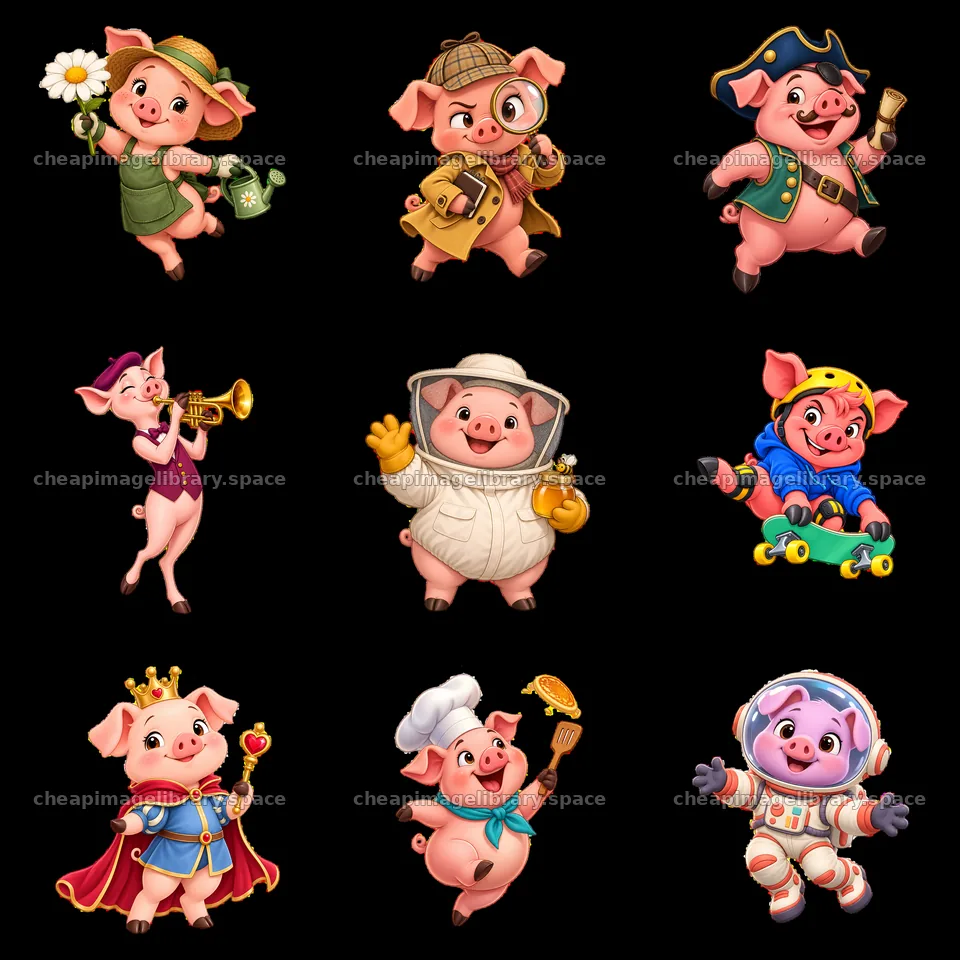 Playful cartoon pigs in various costumes and activities – image library 7746x7746