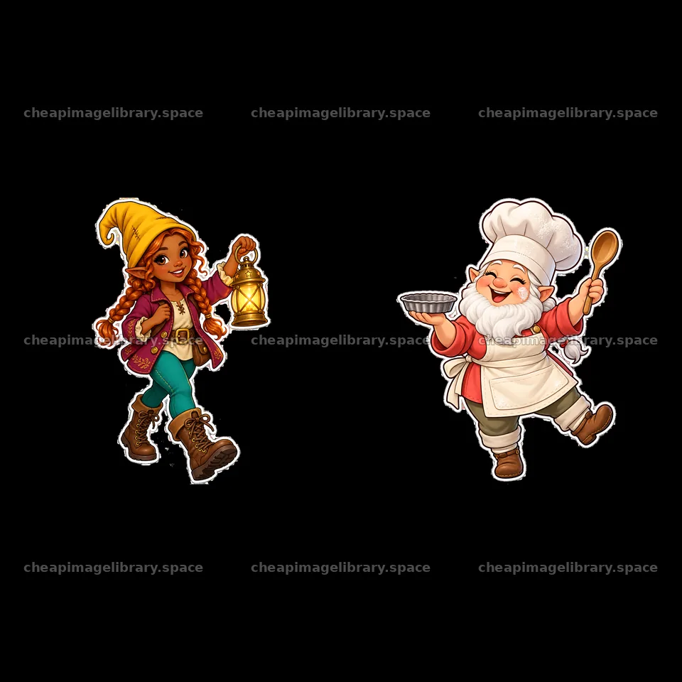 Gnome girl with lantern and gnome chef holding bowl and spoon – image library 7746x7746