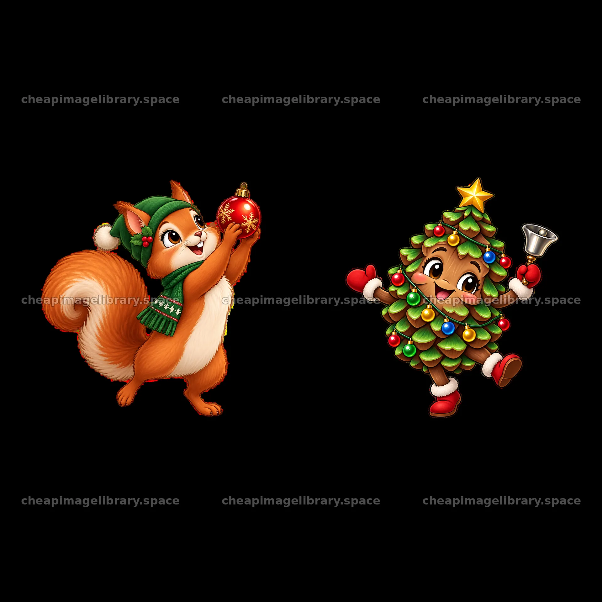 Squirrel with ornament and cheerful Christmas tree character – image library 7746x7746