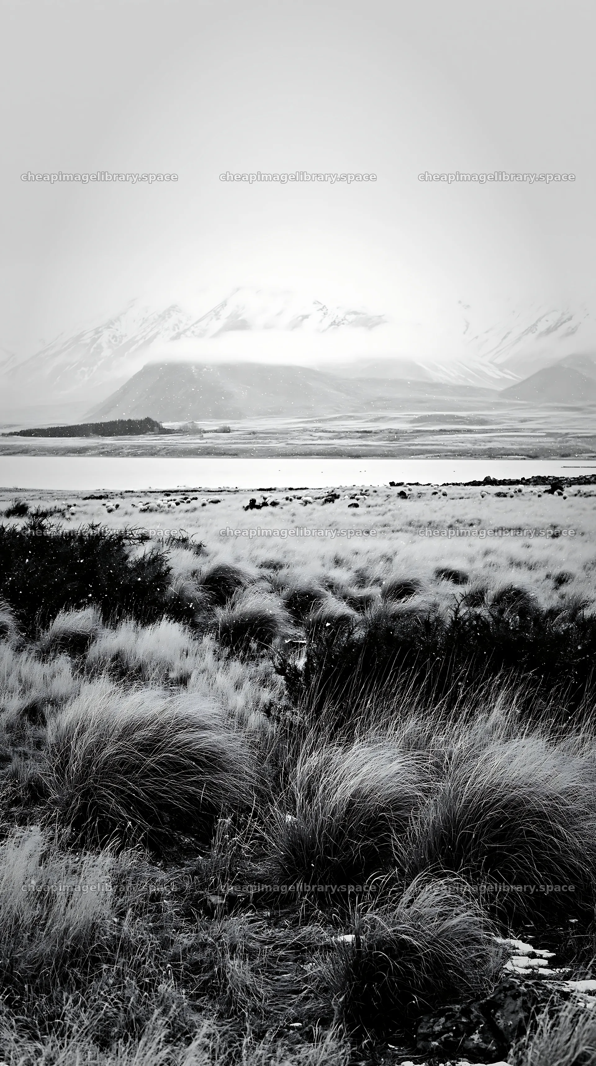 Meadow in Lake Tekapo with snowy alps in background – image library 5938x10608