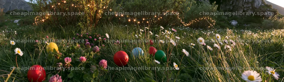 Christmas ornaments in a meadow near a cave – image library 14762x4268
