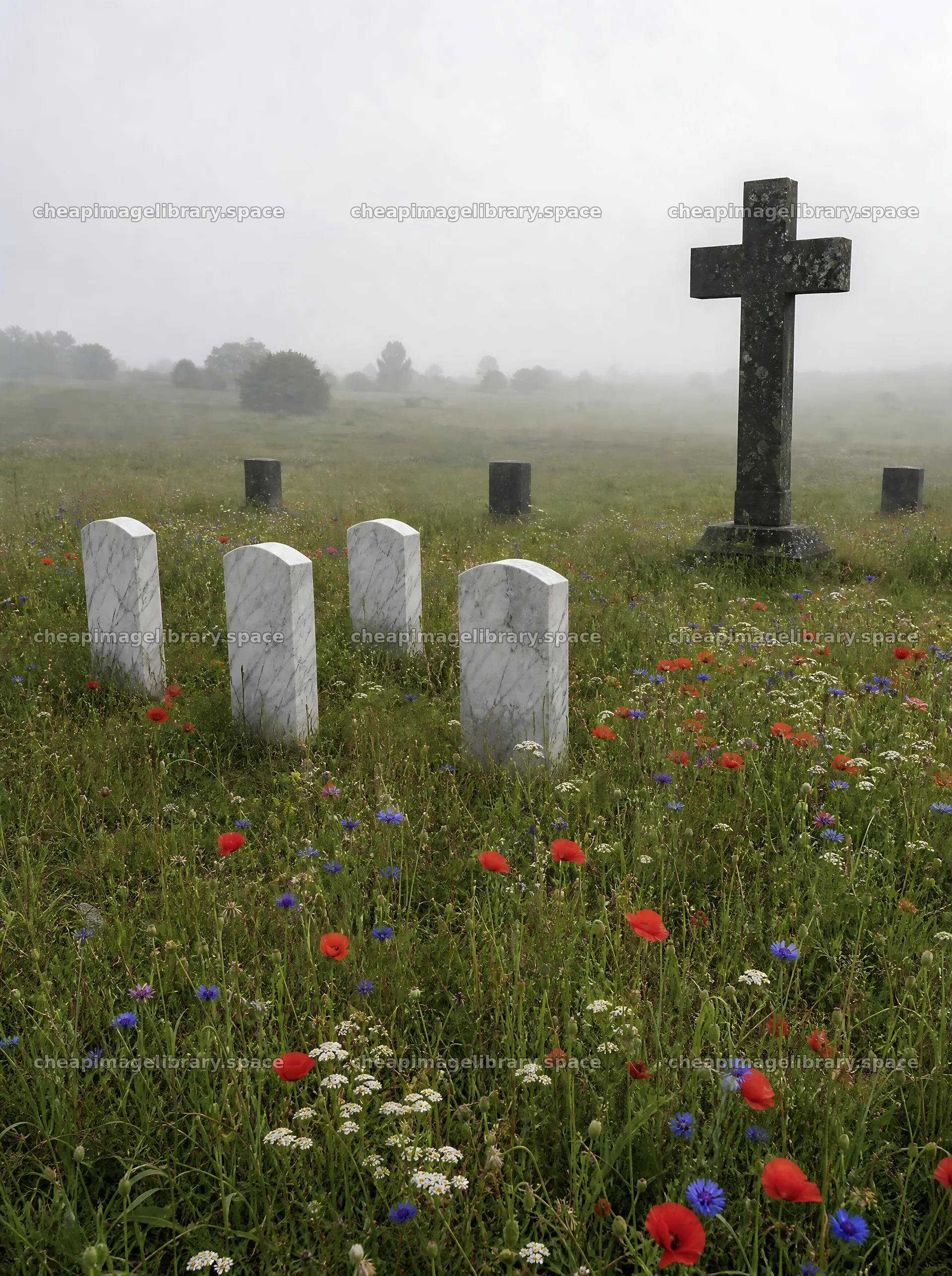 Weathered Christian cross in misty meadow with flowers – image library 6858x9186
